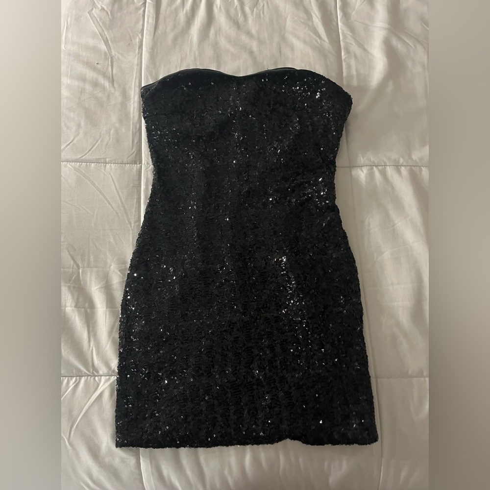 KIEU’S Black Strapless Sequin Dress